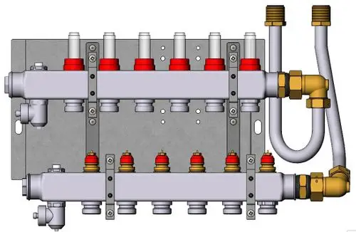 Danfoss Verteiler mit mehreren Anschlüssen, zur Verteilung von Heizungswasser, montiert auf einer Metallplatte. Sichtbare Ventile und Verbindungen für Rohrleitungen.